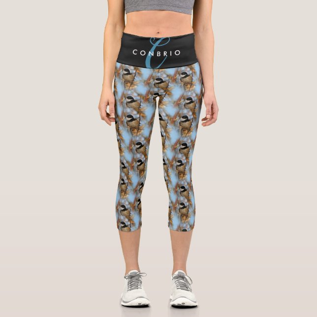Cute Hopeful Black-Capped Chickadee Songbird Capri Leggings (Front)