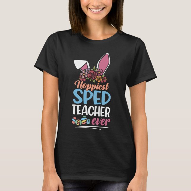 Cute Hoppiest Sped Teacher Ever Bunny Ear Red Plai T-Shirt (Front)