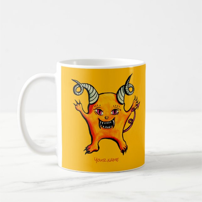 Cute Horned Demon Cartoon Monster Kids Name Coffee Mug (Left)