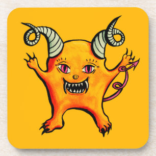 Cute Horned Demon Cartoon Monster Kids Yellow Coaster