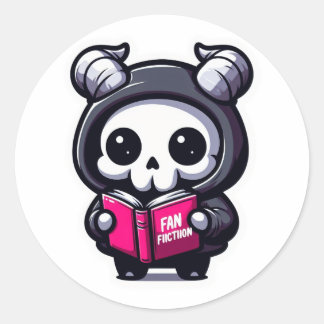 Cute Horned Skull Reading Fanfiction Classic Round Sticker