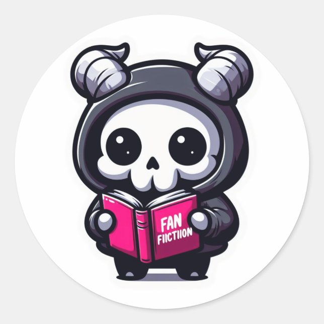 Cute Horned Skull Reading Fanfiction Classic Round Sticker (Front)
