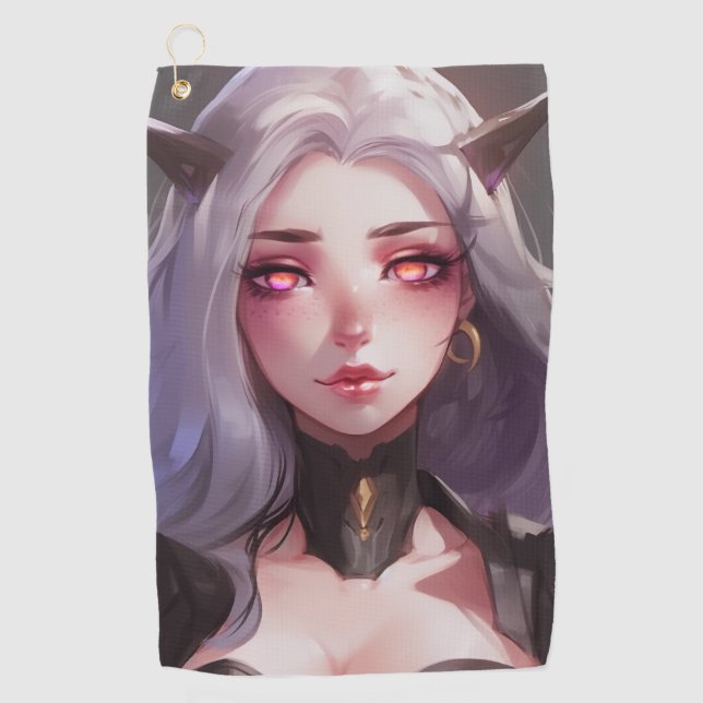 Cute Horned Warrior Anime Girl Golf Towel (Front)