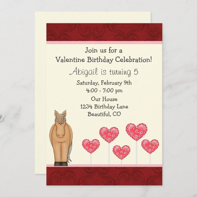 Cute Horse and Hearts Valentine Birthday Invite (Front/Back)