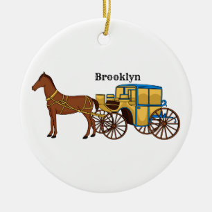 Cute horse and royal carriage illustration ceramic tree decoration