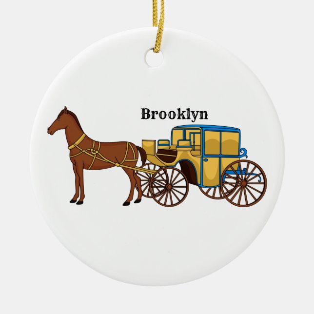 Cute horse and royal carriage illustration ceramic tree decoration (Front)