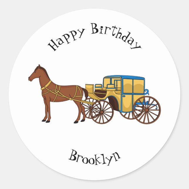 Cute horse and royal carriage illustration classic round sticker (Front)
