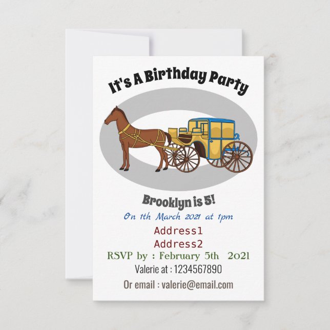 Cute horse and royal carriage illustration invitation (Front)