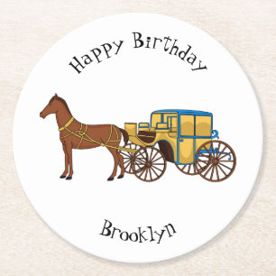 Cute horse and royal carriage illustration round paper coaster
