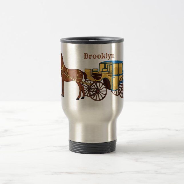 Cute horse and royal carriage illustration travel mug (Center)
