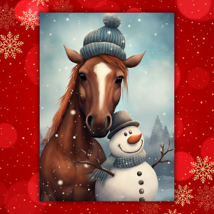 Cute Horse and Snowman Christmas Holiday Card