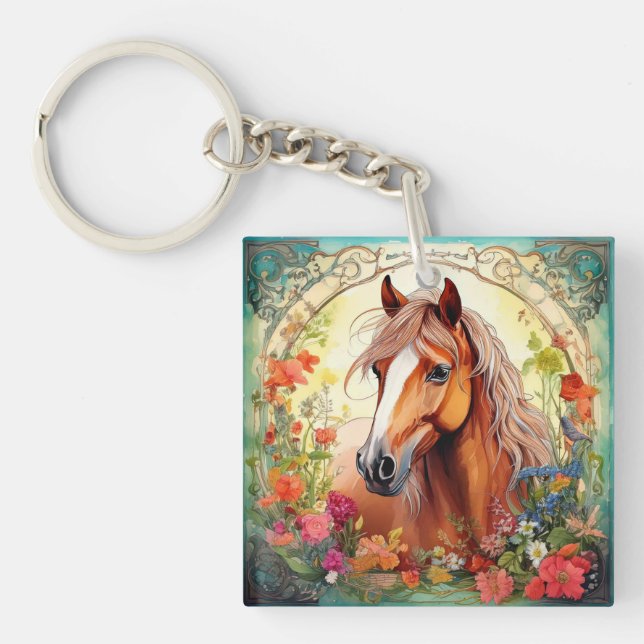 Cute Horse and Wildflowers Key Ring (Front)