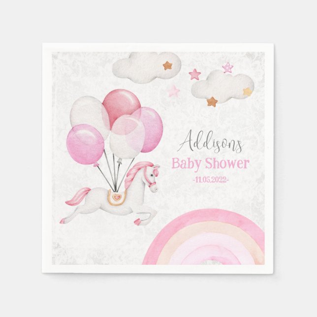 Cute Horse Balloons Rainbow Baby Girl Watercolor Napkin (Front)
