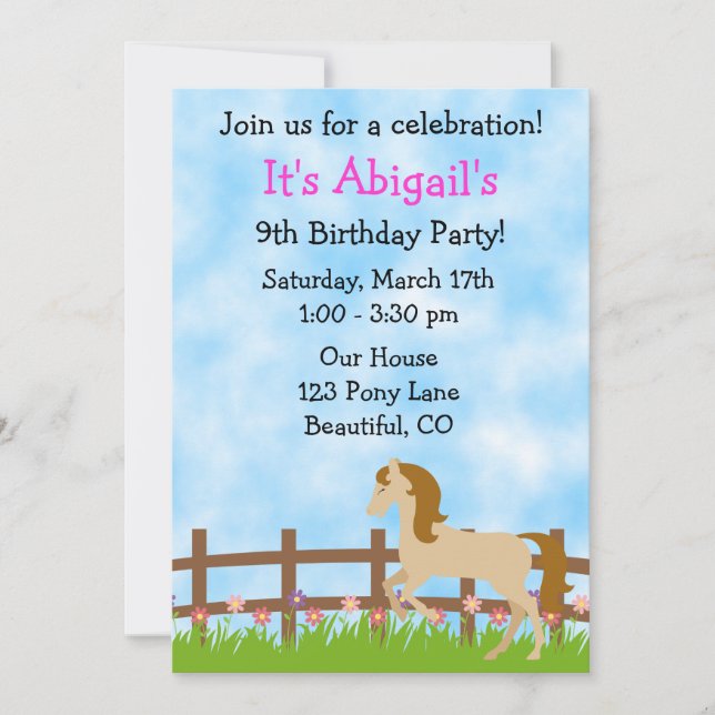 Cute Horse Birthday Invitation for Girls (Front)