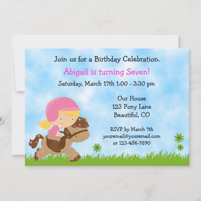 Cute Horse Birthday Invitation for Girls (Front)