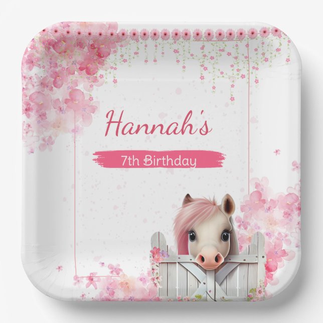 Cute Horse Birthday Party Pink Floral Personalised Paper Plate (Front)
