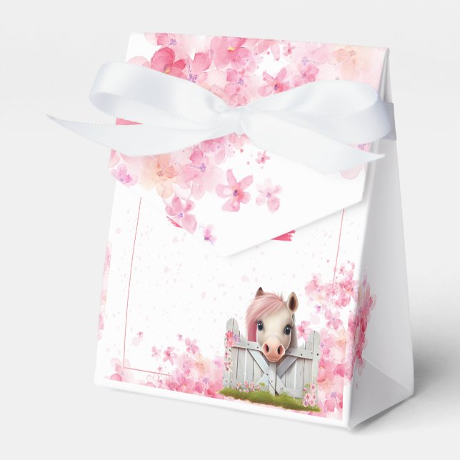 Cute Horse Birthday Pink Floral Personalised  Favour Box (Front Side)