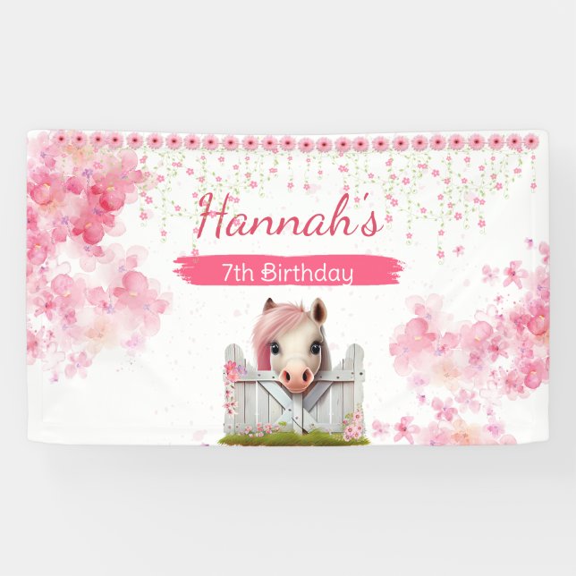 Cute Horse Birthday Pink Floral Personalised party Banner (Horizontal)