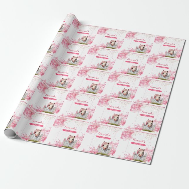 Cute Horse Birthday Pink Floral Personalised Wrapping Paper (Unrolled)