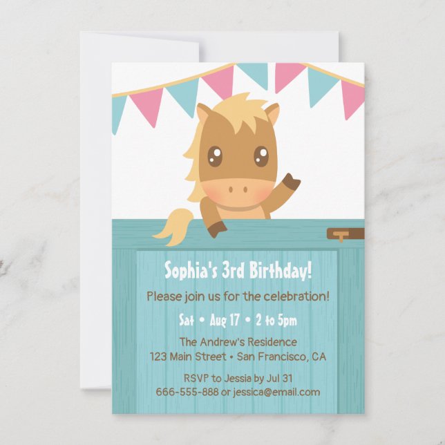 Cute Horse Blue Stable Girls Birthday Party Invitation (Front)