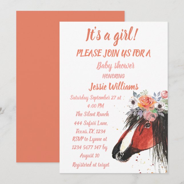 Cute Horse Boho Ranch Baby Girl Western Floral Inv Invitation (Front/Back)