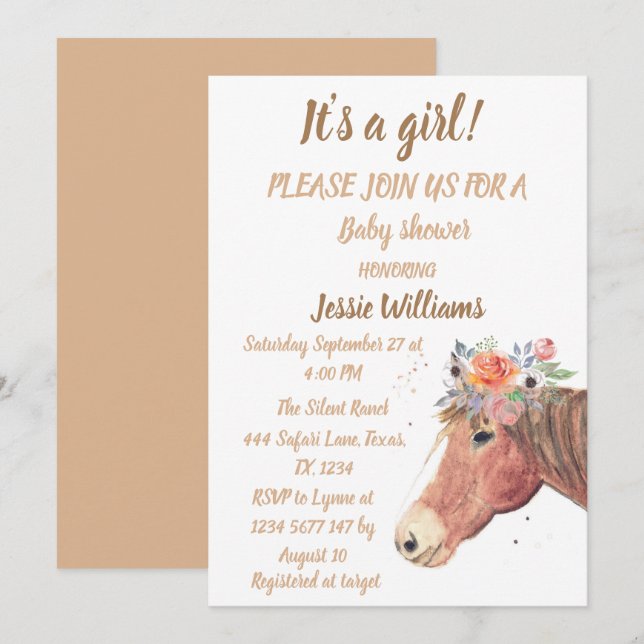 Cute Horse Boho Ranch Baby Girl Western Floral  Invitation (Front/Back)