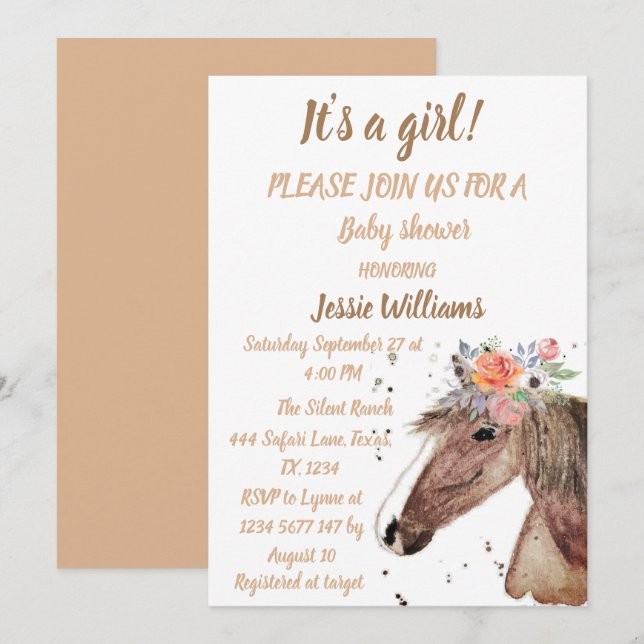 Cute Horse Boho Ranch Baby Girl Western Floral  Invitation (Front/Back)