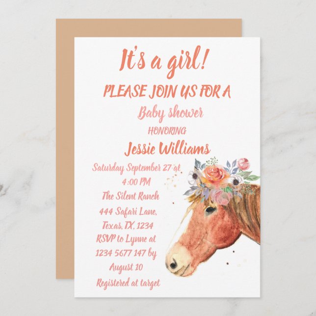 Cute Horse Boho Ranch Baby Girl Western Floral Invitation (Front/Back)