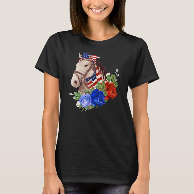 Cute Horse Bow Tie American Flag Flowers Happy T-Shirt (Front)