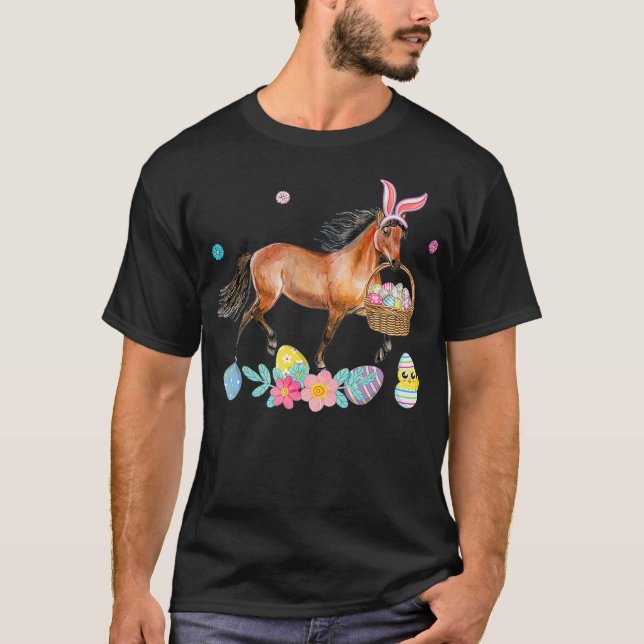 Cute Horse Bunny Ears Easter Eggs Basket Horse T-Shirt (Front)