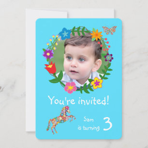Cute Horse Butterfly Flowers Boys Birthday Party Invitation