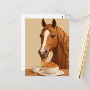 cute horse eating spaghetti postcard