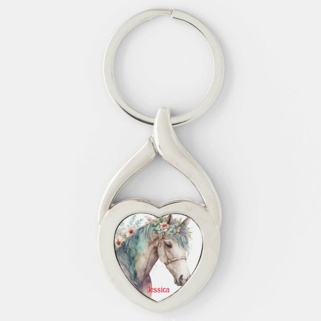Cute Horse Flowers Animal Lover Name Key Ring (Front)