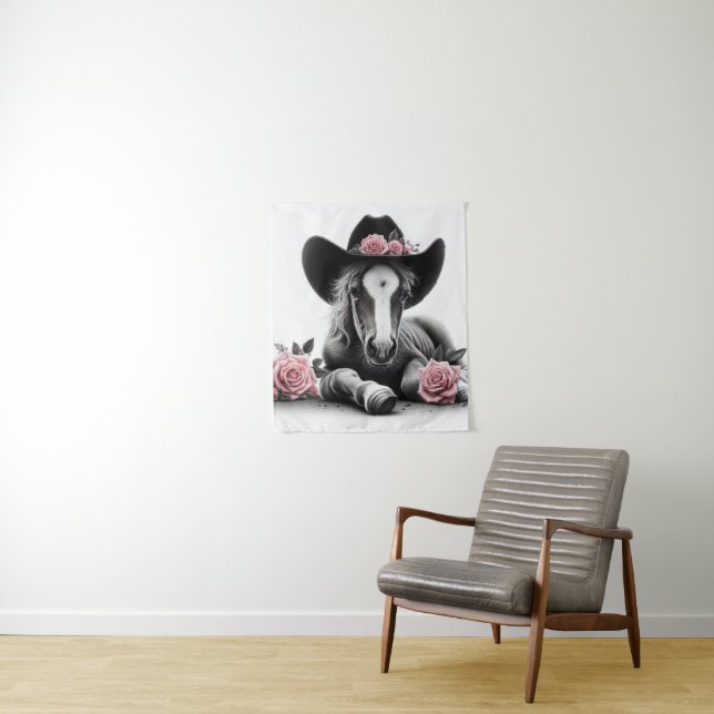 Cute Horse Foal with Pink Flowers Tapestry (In Situ)
