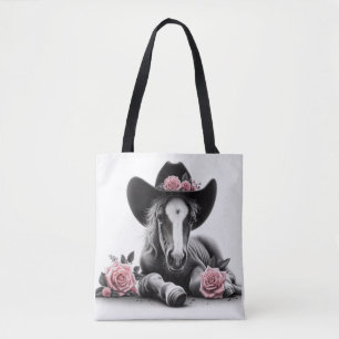 Cute Horse Foal with Pink Flowers Tote Bag