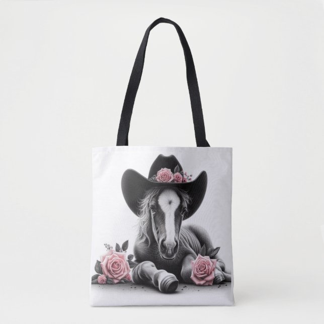 Cute Horse Foal with Pink Flowers Tote Bag (Front)