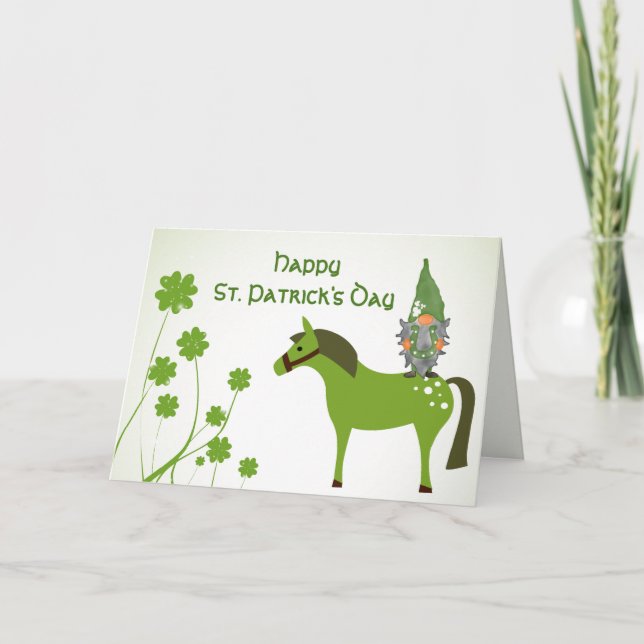 Cute Horse, Gnome and Clovers St. Patrick's Day Holiday Card (Front)