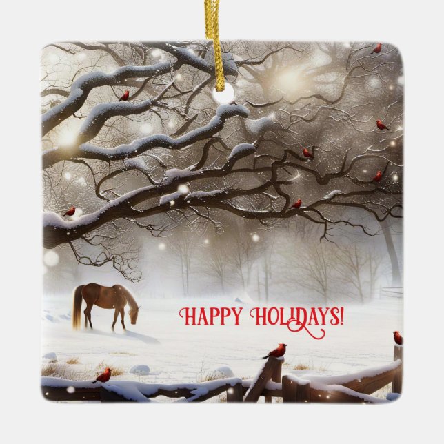Cute Horse in Pasture with Cardinals Christmas Ceramic Ornament (Front)