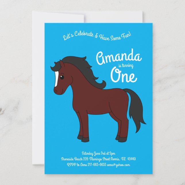 Cute Horse Kids 1st Birthday Party Blue Invitation (Front)