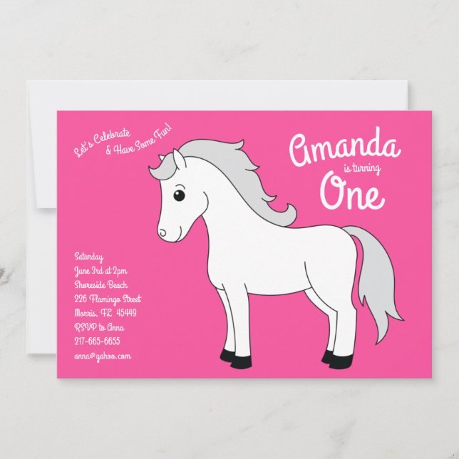 Cute Horse Kids 1st Birthday Party Pink Girls Invitation (Front)