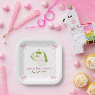 Cute Horse Pink Bow Personalised Girl Baby Shower Paper Plate