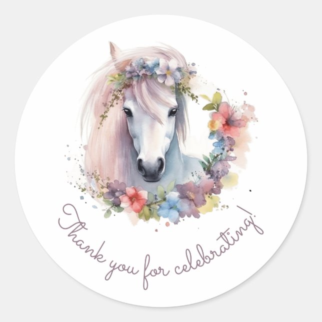 Cute Horse Pony Flowers Birthday Party Thank You Classic Round Sticker (Front)