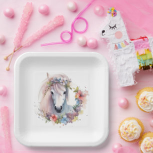 Cute Horse Pony Flowers Kids Birthday Party Paper Plate
