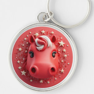Cute Horse Portrait in Vibrant Red and White Key Ring