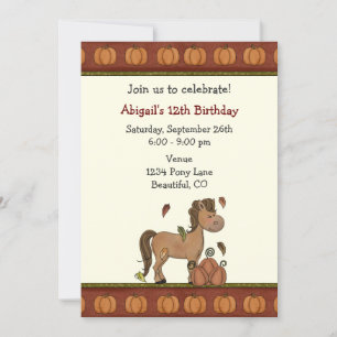 Cute Horse, Pumpkins, Autumn Leaves Fall Birthday Invitation