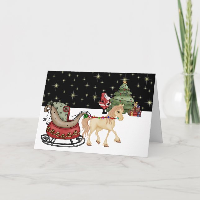 Cute Horse, Sleigh and Santa Delivering Gifts Holiday Card (Front)