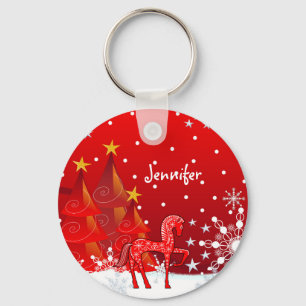 Cute Horse, Snowflakes & Xmas Trees custom Name Key Ring