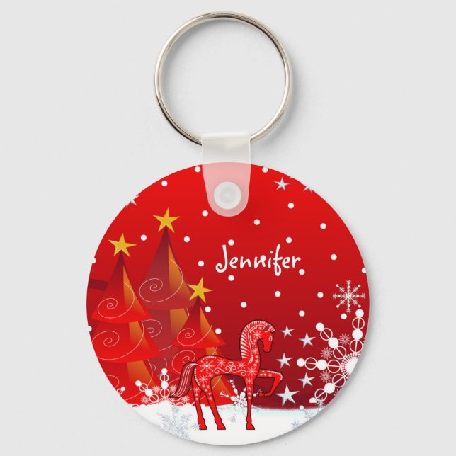Cute Horse, Snowflakes & Xmas Trees custom Name Key Ring (Front)