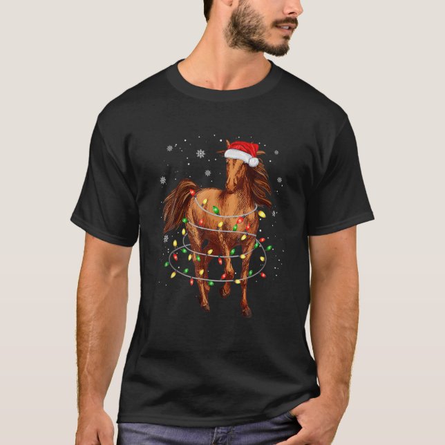 Cute Horse Tree Christmas Lights Funny Xmas Pajama T-Shirt (Front)
