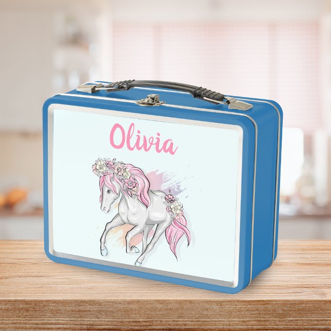 Cute Horse with Flowers Back to School Girls Metal Lunch Box (Creator Uploaded)